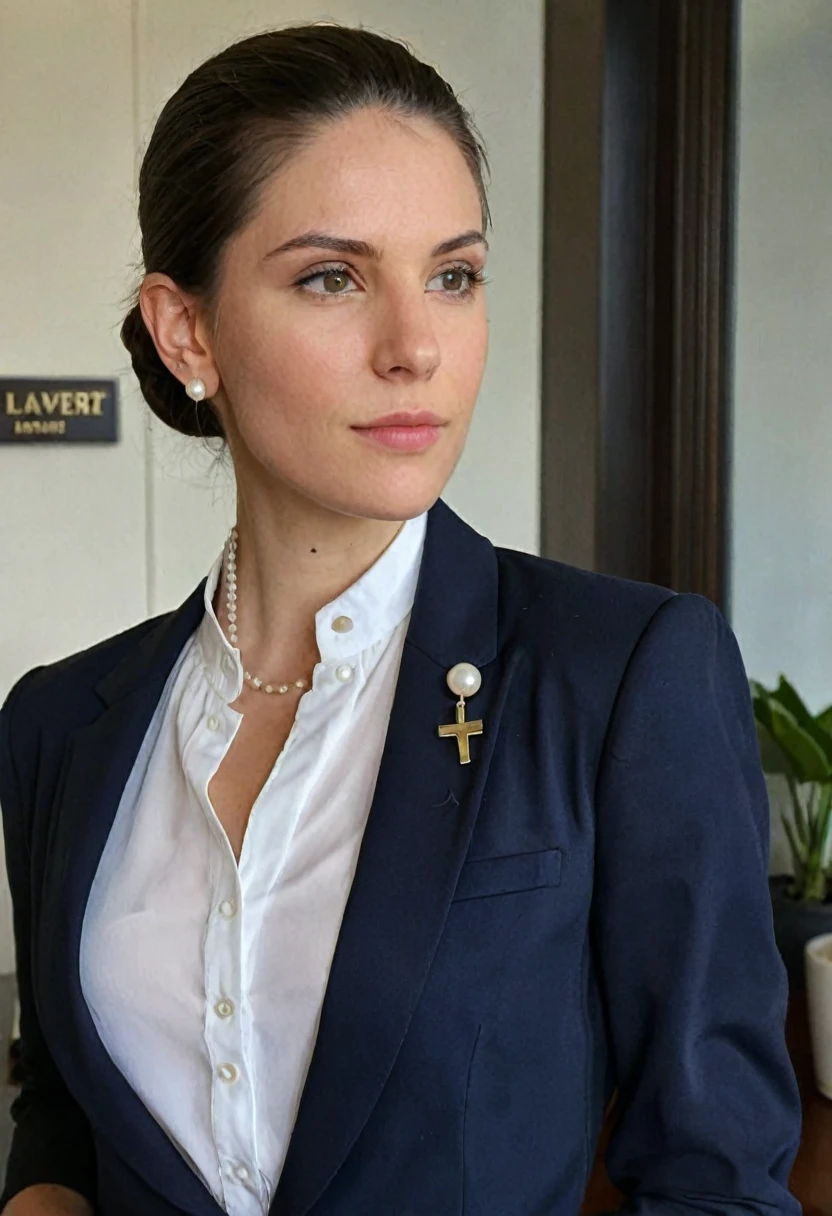 ((half body, professional)), Discreet Brazilian lawyer, ((dark hair in simple bun)), (28 years old), composed, masterpiece, qualidade excepcional, Ultra-detailed, alone, indoor, (((conservative law office))), (((modest professional attire))), ((navy blue blazer)), (((high-necked white blouse))), (small pearl stud earrings), (((hands not visible))),