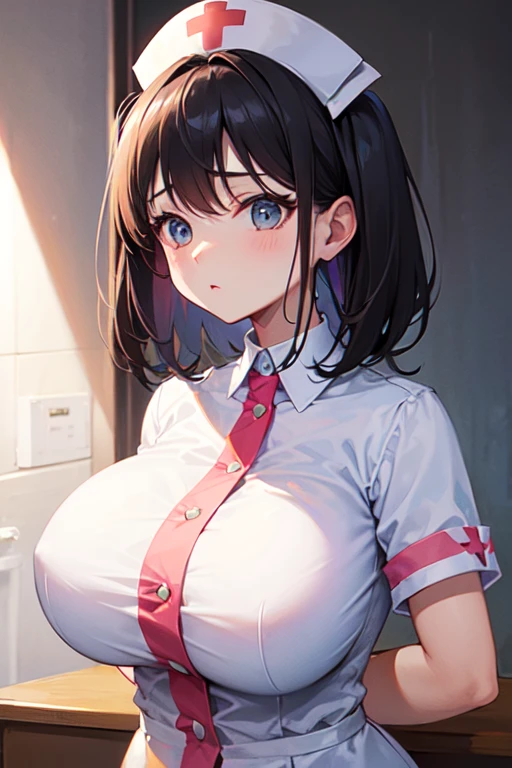 Big Breasts、G-Cup、Nurse uniform、short hair、Fascinating face、Oblique angle、Upper Body