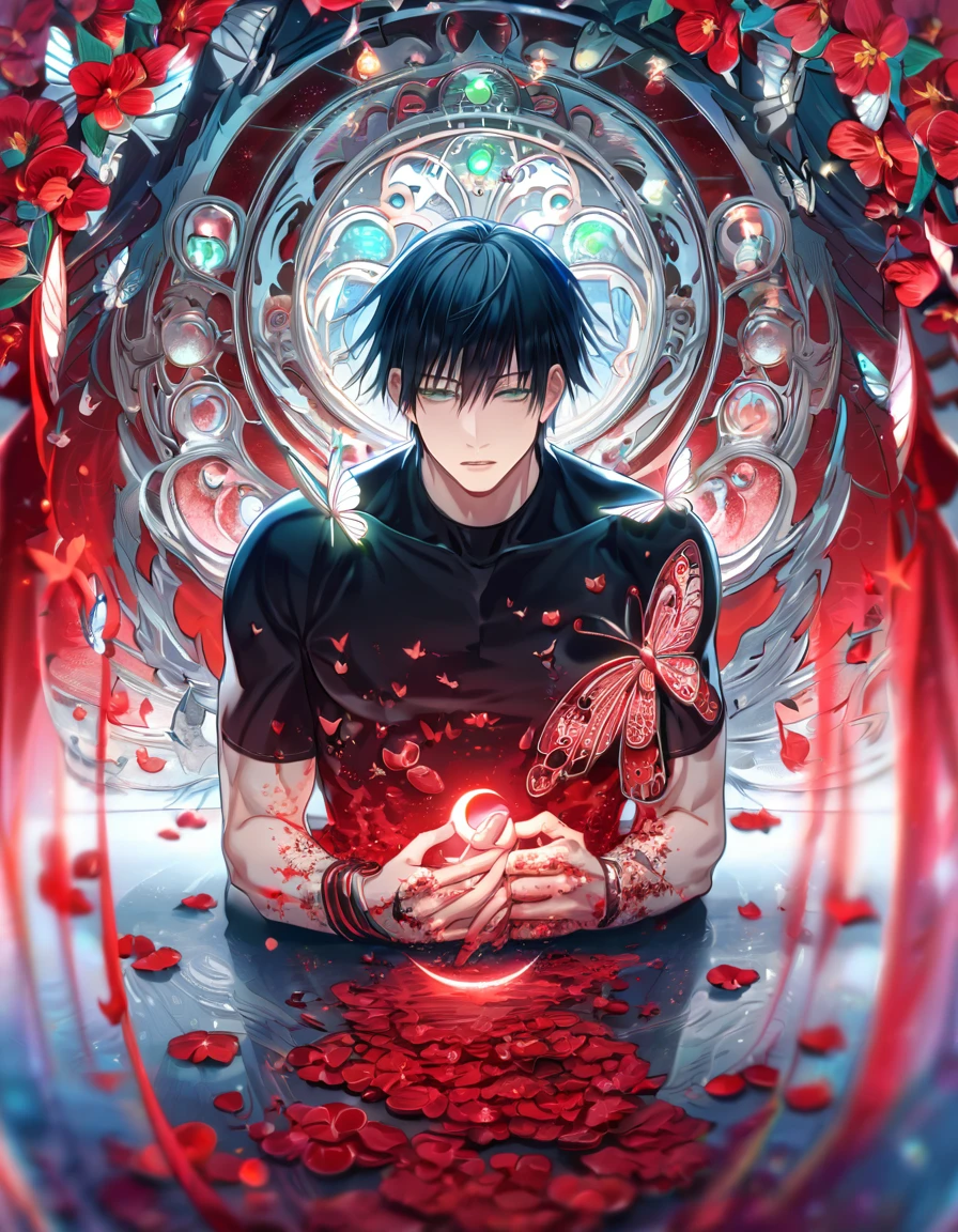 absurdres, highres, ultra detailed, HDR, master piece, extremely detailed, Fushiguro Touji, black straight hair, expressive green eyes, Jujutsu Kaisen, sexy man, handsome, best quality, crescent moon, red flowers, fantasy, magical, solo, red water, red shining fireflies, red petals, silver small butterflies, red dust, black tight shirt,