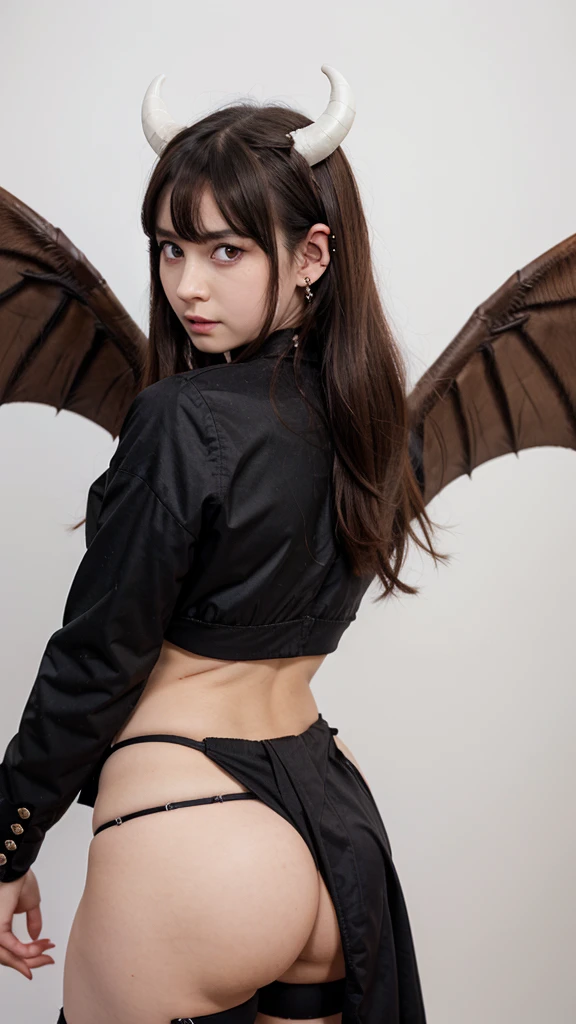 1girl, 1boy, horns, , pointy ears, wings, earrings, serafuku, jewelry, white background, upper body, red eyes, demon wings, demon horns, demon boy, simple background, back-to-back, pink eyes, parted lips, black serafuku, brown hair, demon girl, black hair, looking at viewer, long hair, gakuran