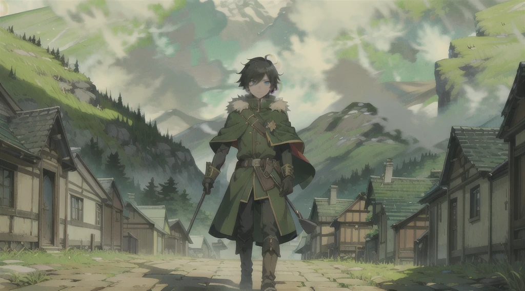 yuichiro hyakuya, (WithoutFear:1), 1 boy, black hair, green eyes, brown coat, gray armor, green shield, green cloak, dark brown gloves, town, white fur trim, tall, anime, standing, good quality, portrait, looking at viewer