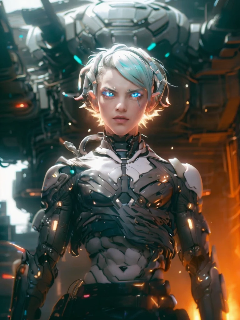 Femboy, cyberpunk style, blue hair, blue eyes, 1boy, elf ears, without , six pack abs, cute face