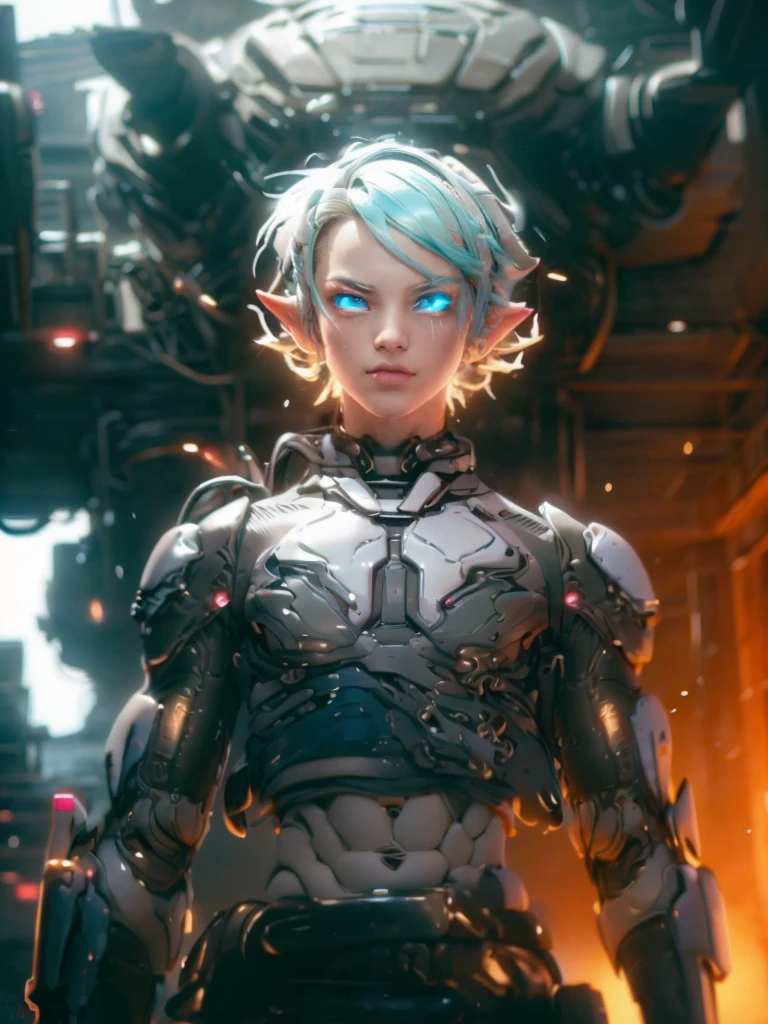 Femboy, cyberpunk style, blue hair, blue eyes, 1boy, elf ears, without , six pack abs, cute face