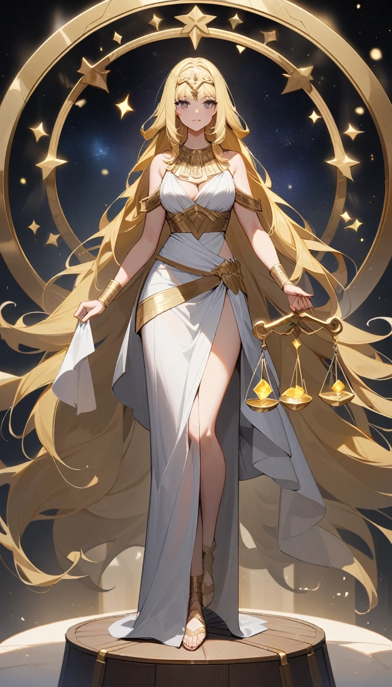 （Huang Li、high quality、Extremely detailed），Constellation - Libra goddess，Huge Libra，Woman holding a scale，Similar to Latin goodness，brave，capricious，Productivity，The face of enterprising and humanitarianism，Long yellow hair，Ancient Greek costumes、Wrap Dress，Conservative clothing，The background is the universe，Crystal black eyes（Eyes Details），Powerful appearance, Correct anatomy