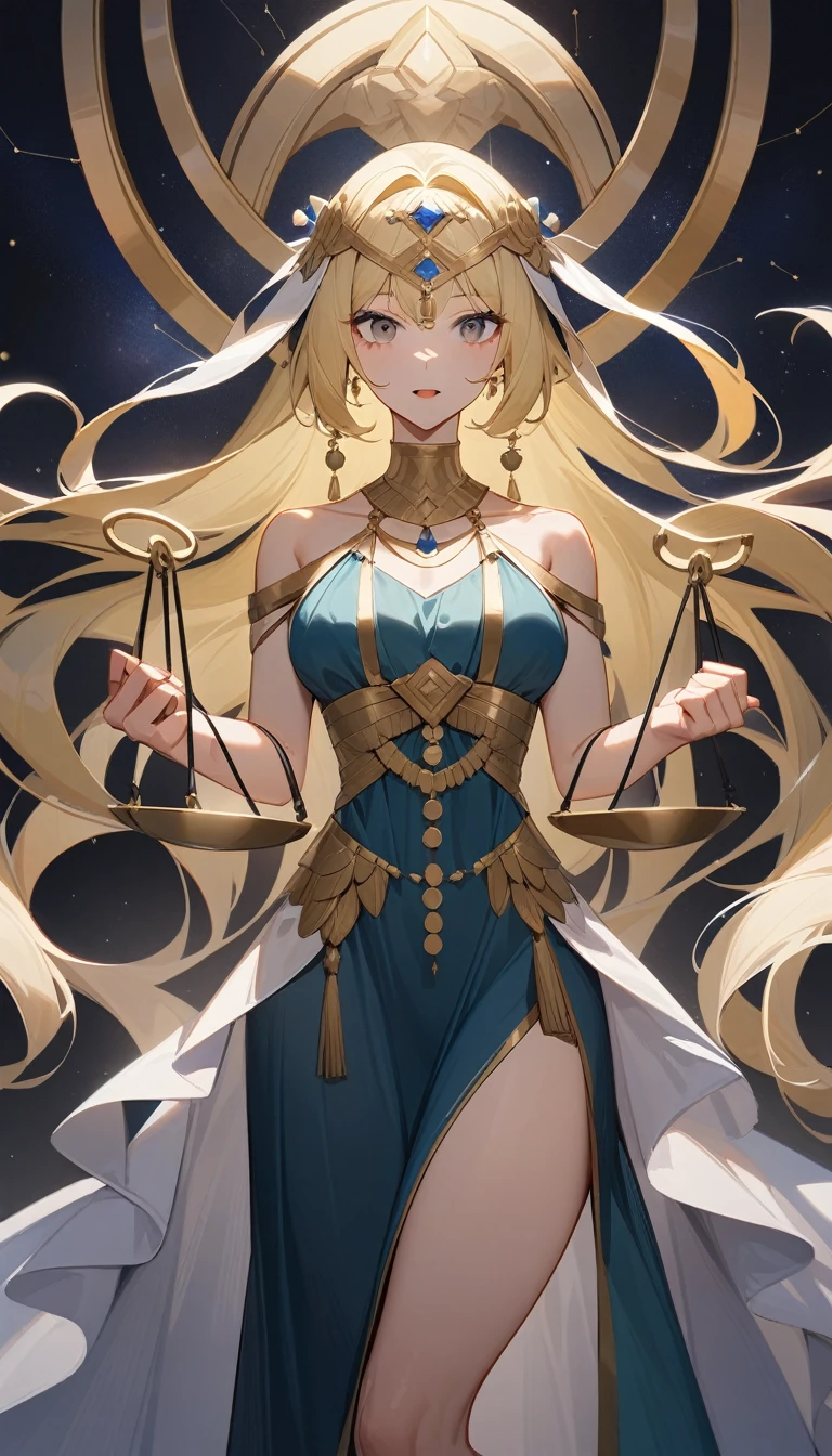 （Huang Li、high quality、Extremely detailed），Constellation - Libra goddess，Huge Libra，Woman holding a scale，Similar to Latin goodness，brave，capricious，Productivity，The face of enterprising and humanitarianism，Long yellow hair，Ancient Greek costumes、Wrap Dress，Conservative clothing，The background is the universe，Crystal black eyes（Eyes Details），Powerful appearance, Correct anatomy