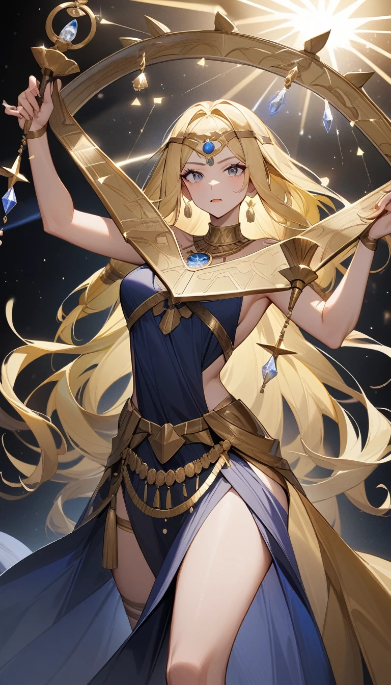 (Huang Li、high quality、Extremely detailed),Constellation - Libra goddess,Huge Libra,Woman holding a scale,Similar to Latin goodness,brave,capricious,Productivity,The face of enterprising and humanitarianism,Long yellow hair,Ancient Greek costumes、Wrap Dress,Conservative clothing,The background is the universe,Crystal black eyes(Eyes Details),Powerful appearance, Correct anatomy
