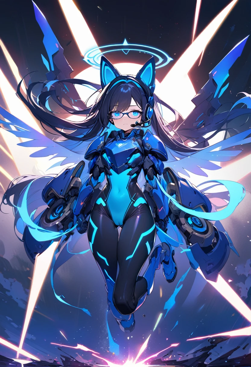 8K Ultra High-Quality, ultra-detailed, High quality, smooth color, Dark Blue hair, Neon Blue Inner layer hair, blue glowing eyes, Long hair, Headset, Glasses, cat girl, neon blue halo, Neon Blue wings, two floating blue cyber katanas, Neon blue Cyber armor, Leotard style armor, crotch protection, shoulder armor, armored tights, sparks of blue energy or floating magical symbols, full body, floating