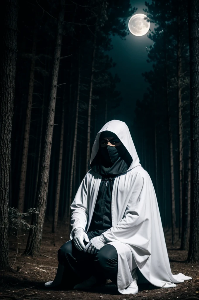Strong ghost men, men, hombre, masculino, boy, on his knee, lookind mad, alone, solo, wearing a white long cloak, white boots, white gloves, no face recognition, skull face, black mask, black face mask, bright eyes, Cultistas, bosque oscuro, De bebebebebe, bosque de noche, oscuro, niebla, humo, night forest, smoke, night time, su cara girada a la izquierda, moon