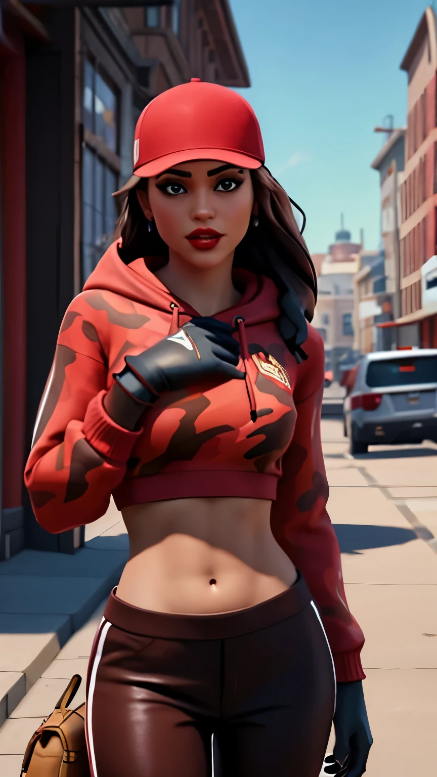 (masterpiece, best quality:1.2), 1girl, solo, red cap, baseball cap, sweater, red sweater, hoodie, red camouflage sweater, pants, beltless pants, red pants, thigh holster, long hair, lips, toned, navel, brown hair, gloves, fingerless gloves, black gloves hair down, brown eyes, brown hair, ruby /(fortnite/), red lips, brown toned skin, crop top, midriff, city background