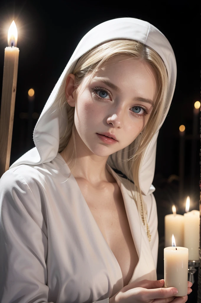 white woman, vampire, third eye in the forehead, wearing a white nun outfit, blonde hair, nighttime, iluminated by candles.