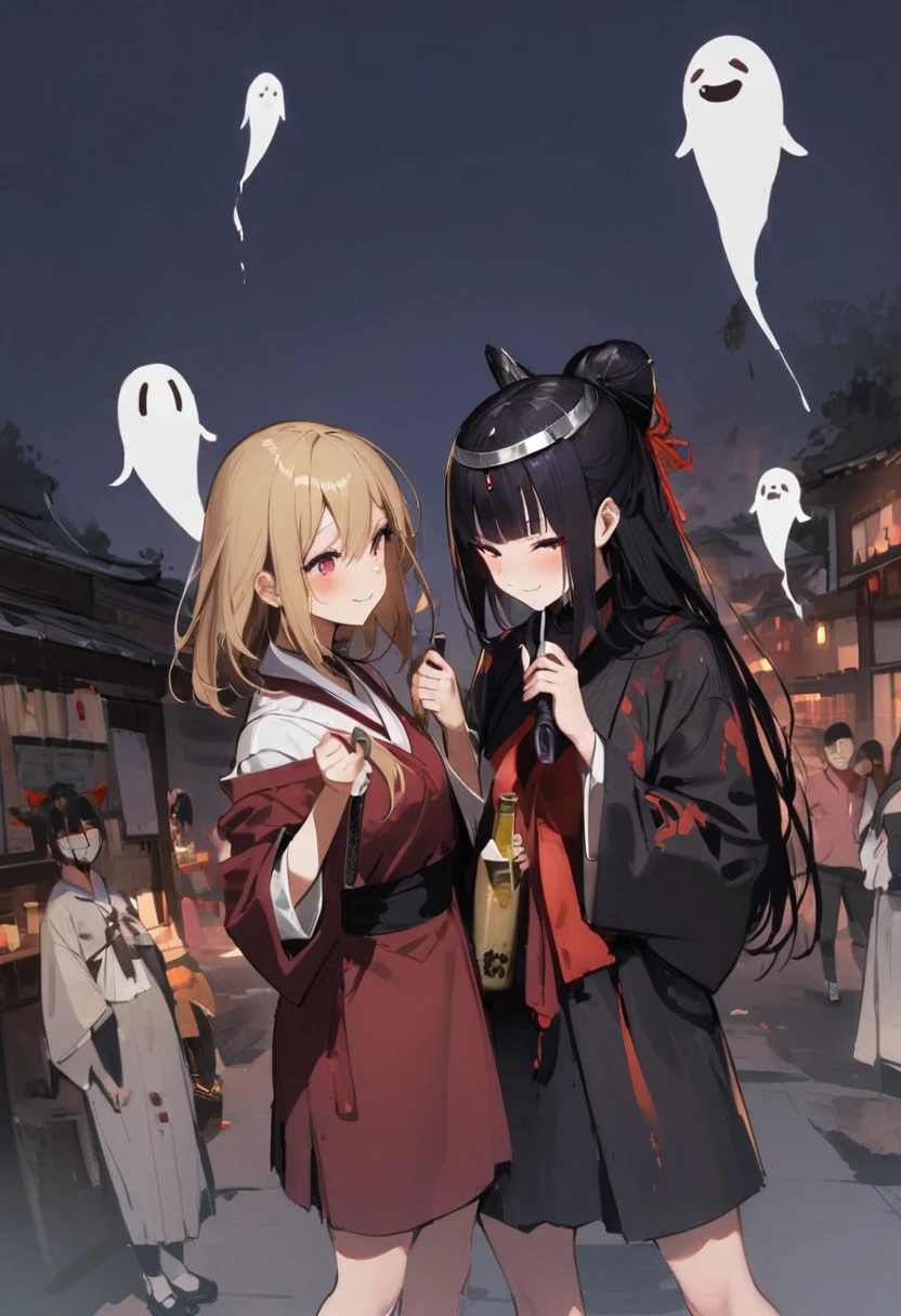 In a haunted house、Shuten Doji、ghost、Girl、Girl、Short、Younger、Lower school year、Dynamic Angle、masterpiece、best quality、ultra-detail、night、smile、Iron club、knife、Heian-kyo、The capital of Kyoto、Eat flesh and blood、 Violence、Alcohol is my favorite