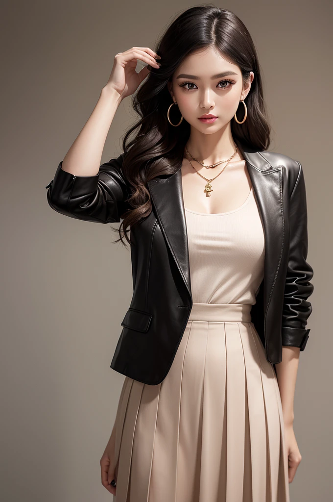 Height: 1,68mCabelo: far away, smooth and black. May have subtle variations, like soft waves or discreet highlights in dark brown tones.eyeballs: Big and brown, with black eyeliner and earthy-toned eyeshadow for a sophisticated look.Dress Style: Jina prefers a look that combines elegance with streetwear. Often wears fitted blazers paired with leather pants or pleated skirts.Accessories: Medium Hoop Earrings, delicate necklaces and elegant rings. She also wears hair accessories like discreet barrettes..make-up: Focused on the eyes with thin eyeliner, soft shadow and voluminous lashes. Lips usually in nude or soft pink tones.