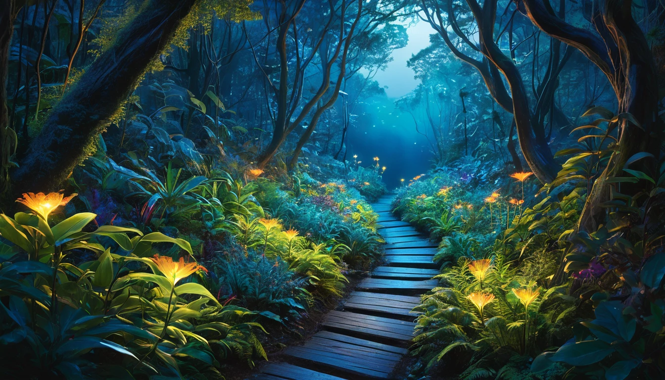 Illustrate a narrow pathway meandering through a bioluminescent forest at night, illuminated by the natural glow of the flora and fauna. The path is bordered by vibrant, glowing plants of various shapes and sizes, guiding travelers through the heart of the forest. High above, branches and leaves create a luminous canopy, with occasional beams of moonlight breaking through. Along the path, small, luminous creatures can be seen, adding to the mystical feel of the journey. This image should capture the allure and mystery of exploring a living, breathing world of light in the darkness.