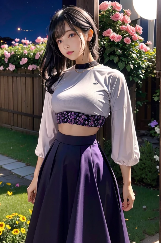 Actual, 1 Girl, Gray Hair, Purple eyes, Glowing Eyes, Crop top, skirt, Open, blush, night, Flowers, sun, sunlight,