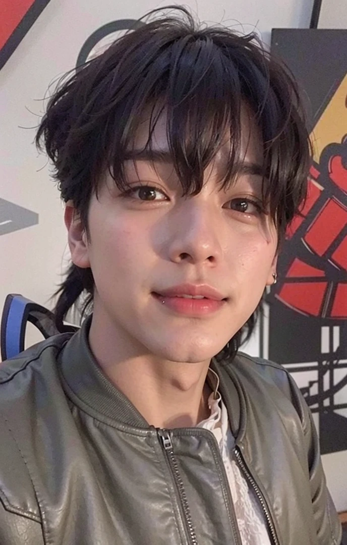 a close-up of a person wearing a leather jacket and smiling slightly, Jungkook, cai xukun, hyung tae, smiling right, Tae June Kim, glossy from rain, taken at the beginning of 2020, profile picture with headshot, south korean man, adorable and pale korean face, he is about 2 5 years old, korean artist, korean portrait, smiling rogue, poor lighting