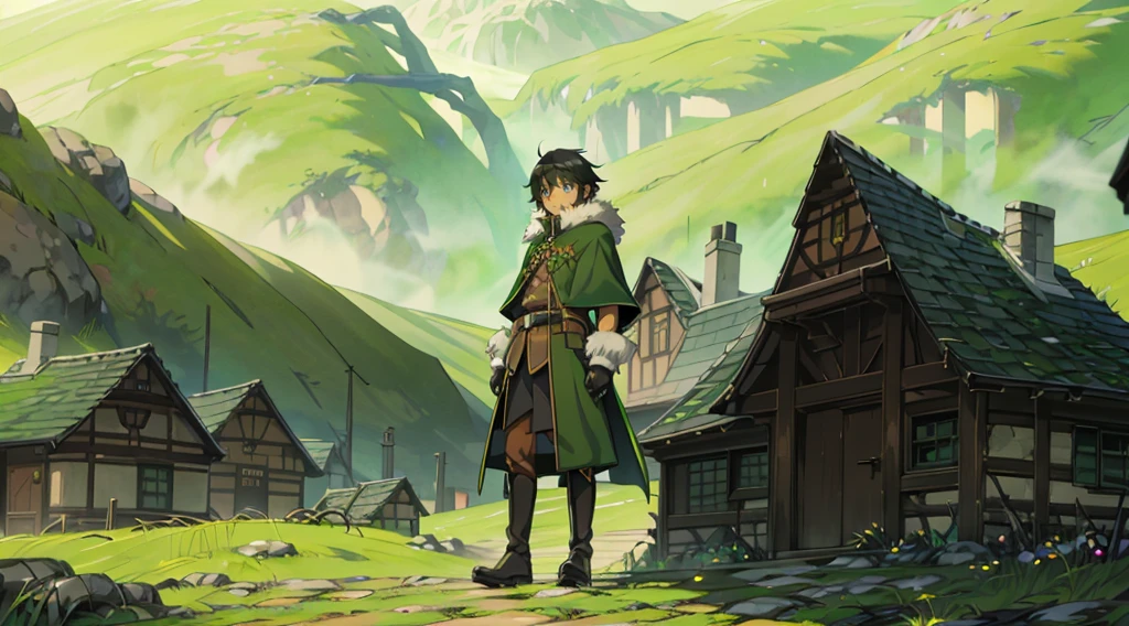 yuichiro hyakuya, (WithoutFear:1), 1 boy, black hair, green eyes, brown coat, gray armor, green shield, green cloak, dark brown gloves, town, white fur trim, tall, anime, standing, good quality, portrait, looking at viewer