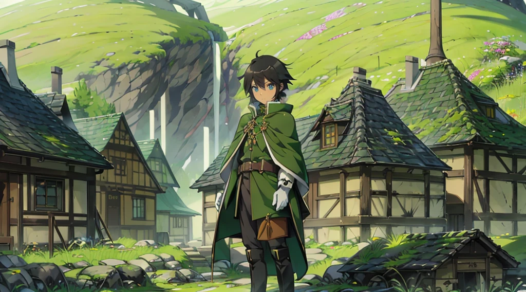 yuichiro hyakuya, (WithoutFear:1), 1 boy, black hair, green eyes, brown coat, gray armor, green shield, green cloak, dark brown gloves, town, white fur trim, tall, anime, standing, good quality, portrait, looking at viewer