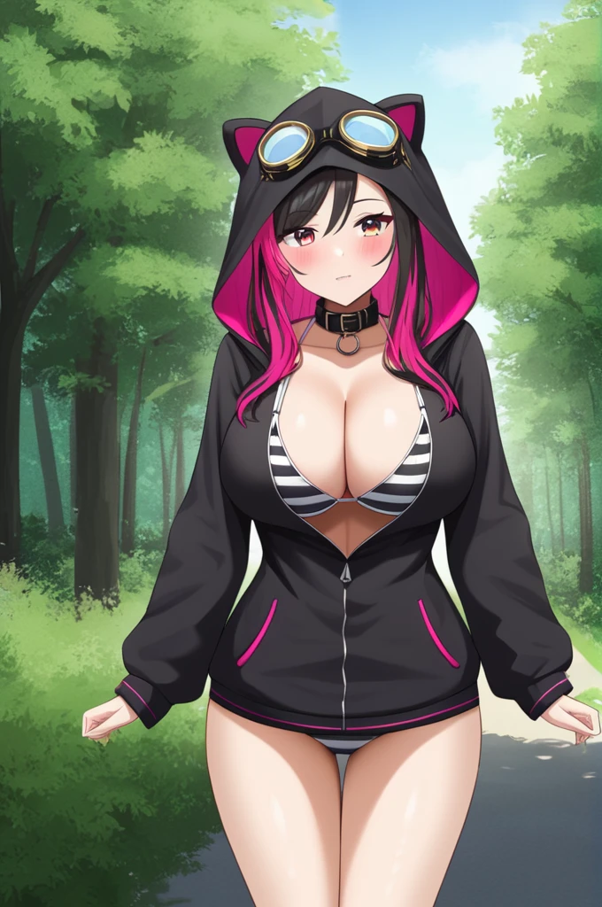 masterpiece, best quality, highres, aatsuna, long hair, multicolored hair, large breasts, animal hood, hood up, goggles on head, black collar, cleavage, striped bikini, black shirt, torn clothes, black jacket, hooded jacket, long sleeves, bare legs, standing, cowboy shot, outdoors