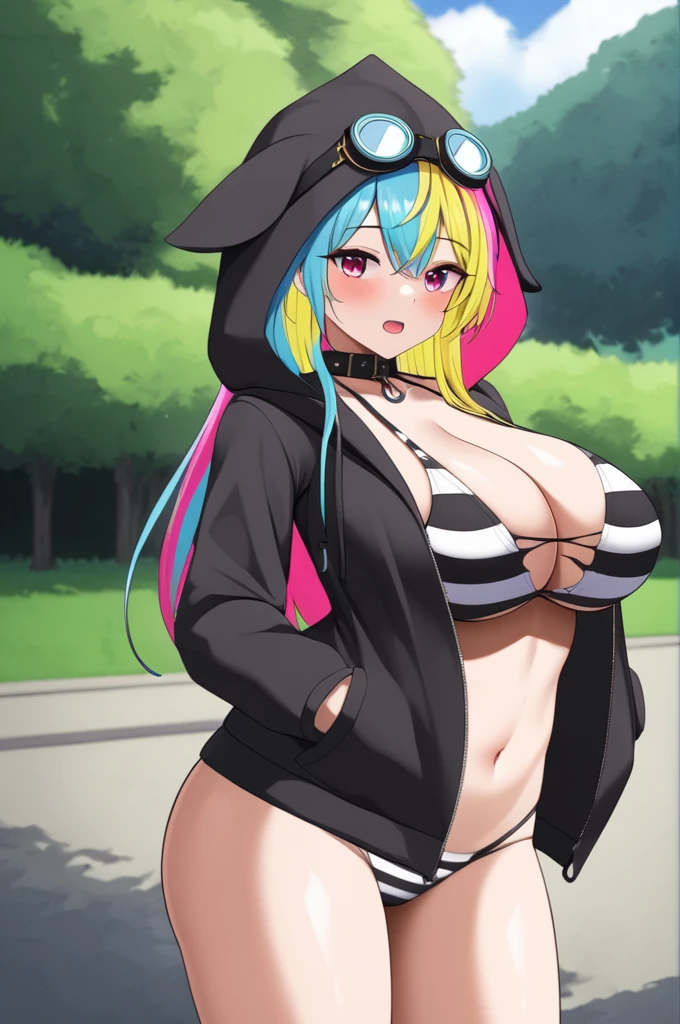 masterpiece, best quality, highres, aatsuna, long hair, multicolored hair, , animal hood, hood up, goggles on head, black collar, cleavage, striped , black shirt, torn clothes, black jacket, hooded jacket, long sleeves,  legs, standing, cowboy shot, outdoors