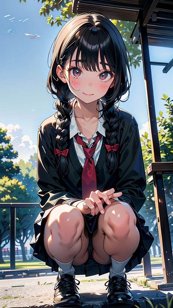 (8K, RAW Photos, 最high quality, masterpiece:1.2), high qualityのRAWカラー写真, Professional photo shoot, Cinematic Light, alone, (((young woman, Gal))), (Sharp features), (Small face), (Skin with attention to detail:1.2), clavicle, Cute face, Beautiful appearance, Long eyelashes,Girl Turning Around, (Embarrassing)、(blush)、Looking down、Worried eyebrows, (Black Hair, Braid), high school student, Red tie, High School Uniform:1.2, Black jacket, Open jacket, Jacket cuff buttons, White shirt, Check skirt, Night Park, Birds chirping, Anxious attitude, Capture the happy moment, Artistic painting,Attractive thighs, White sneakers, (Very nice touch:1.2), (Troubled expression), Peaceful atmosphere, Oil painting style, Bright colors, (Are standing:1.5, lean on a tree, Full body portrait), Smooth texture, Keep your eyes down, Beautiful Skin, Shiny skin, ((Perfect Fingers, Five Fingers, Anatomically correct)), Background Blur, high quality, Surreal, ((Very detailed, photo shoot)),(Skirt flip、Thin black leggings),,(((Skirt flip、High leg)))、(avert your eyes)、((View from below、Close-up on crotch))、squat、