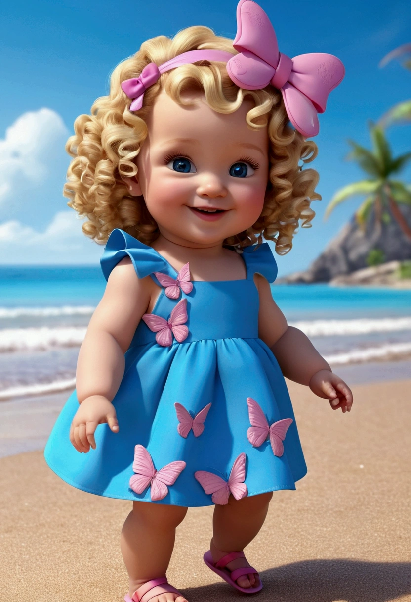 baby with curly blonde hair, eyes browns, big eyelashes, rosy cheeks, blue butterfly dress, with a big blue bow on her head, great smile, blue and pink sandals, on the beach Avatar 3D