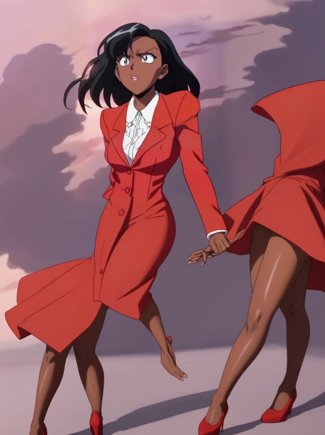 90s anime Evil black skinned business woman in a red suit and knee long red skirt and red heels