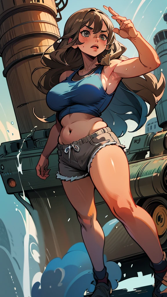 A unique illustrated character with a manga style, featuring long, straight hair in a blend of gray and light brown tones. Her large, expressive eyes are a striking blue, while her nose and plump lips add to her charm. She is wearing a navy tank top that accentuates her figure, giving her a confident and alluring presence.