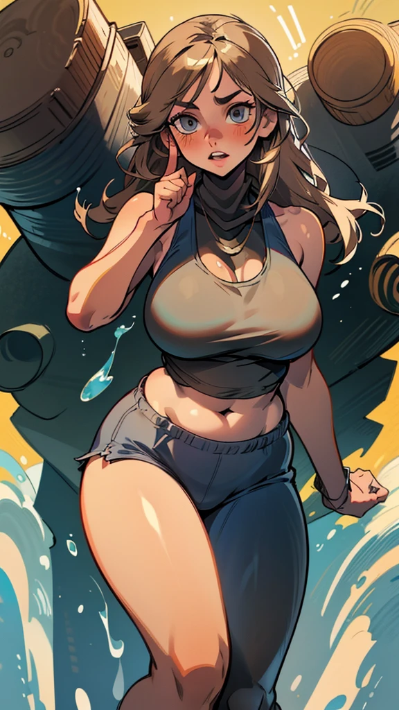 A unique illustrated character with a manga style, featuring long, straight hair in a blend of gray and light brown tones. Her large, expressive eyes are a striking blue, while her nose and plump lips add to her charm. She is wearing a navy tank top that accentuates her figure, giving her a confident and alluring presence.