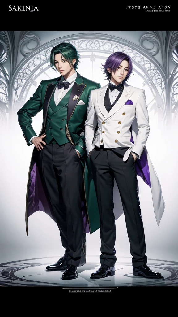 anime characters dressed in formal clothes standing next to each other, an album cover inspired by Okumura Masanobu, Trends in CG society, neo-romanticism, two handsome anime men, one man with green hair and the other man with purple hair, akehiko inoue y ross tran, two men, elegant anime key visual, beautiful androgynous prince, Sakimichan and Frank Franzzeta, androgynous prince