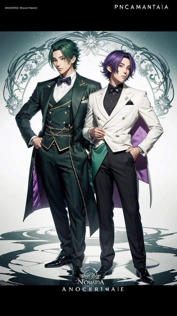 anime characters dressed in formal clothes standing next to each other, an album cover inspired by Okumura Masanobu, Trends in CG society, neo-romanticism, two handsome anime men, one man with green hair and the other man with purple hair, akehiko inoue y ross tran, two men, elegant anime key visual, beautiful androgynous prince, Sakimichan and Frank Franzzeta, androgynous prince