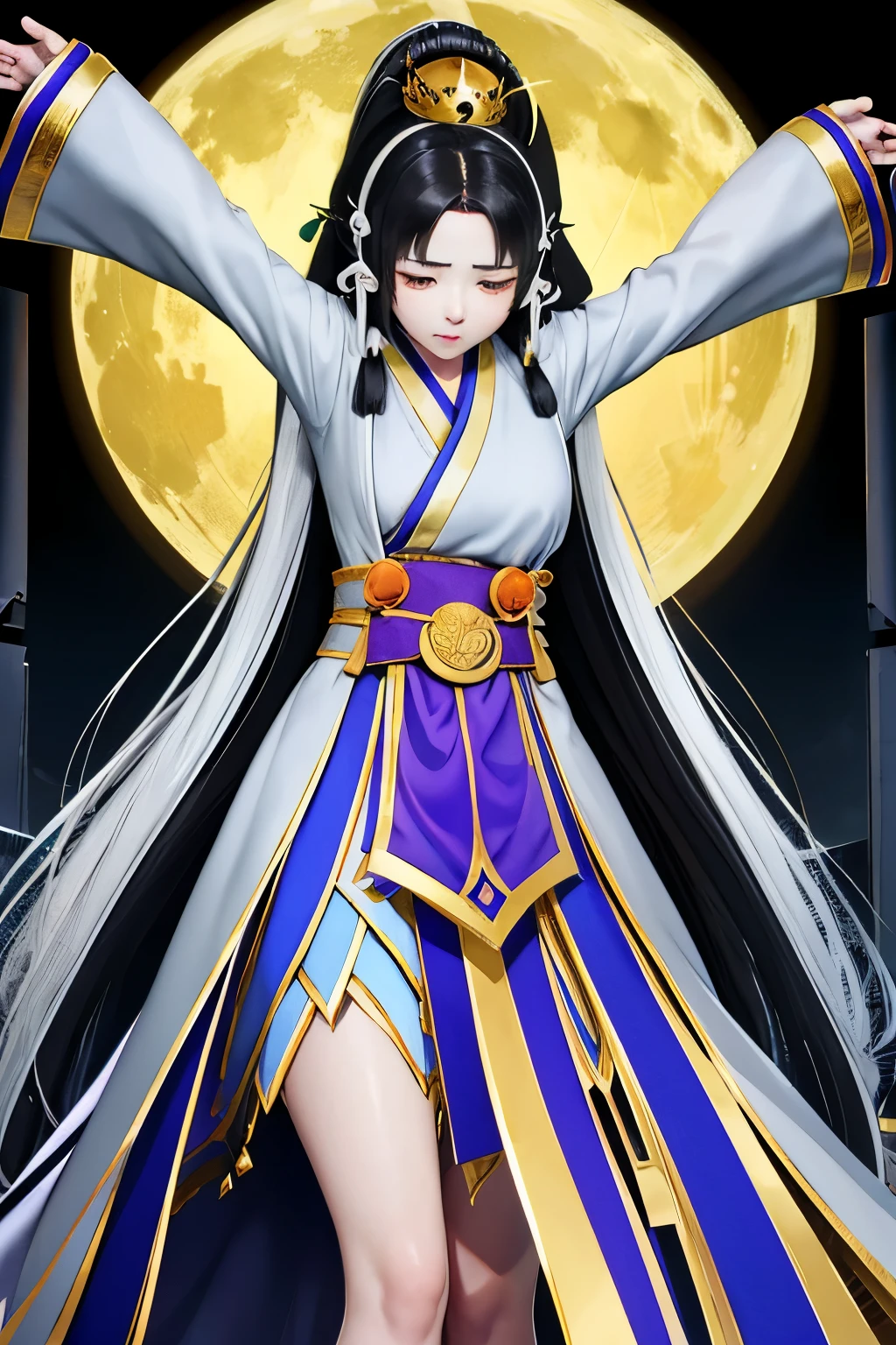 Kaguya、Kaguya、kaguya、Warriors Series、Unparalleled OROCHI、Black Hair、Straight Long、crown、Immortal、Resident of the fairy world、sakaki、sakakiの枝葉を持つ、full moon、（（Giant Cross、Crucified、Tied to the Cross））、blush、Feeling embarrassed、Face、（（（ＳＦＷ、sound、Highest quality、first-clasasterpiece、Normal body、8K、Detailed face、Ultra-precision、Normal hand、Normal finger、５Finger、Highest）））