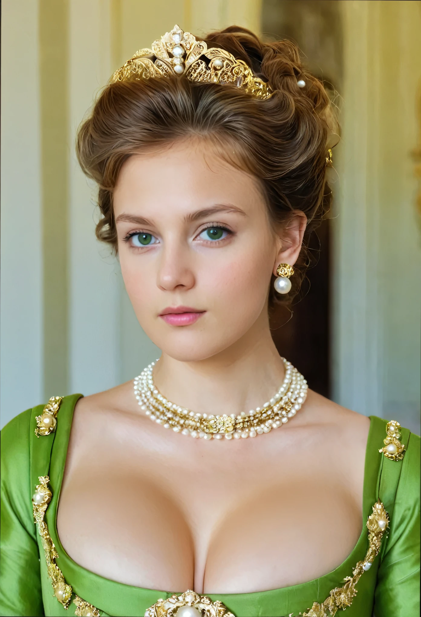 Close up shot , looking at camera , Empire of Austria -Hungary girl, 26 age old, (Light brown hair, middle hair , wince, Green eyes, beautiful lip, serious), (Pearl crescent earrings, Pearl and gold neckless, tiara with Dimond ), (big breasts, slender whist, wide hip) ,(Rococo 18the century dress), Green base dress , (Blue Dexter:1.3), decoration medal , in Palace, in Austria, textured skin , HI detailed skin, (foreshortening, Canon, UHD, anatomically correct, super detail, high details, highness,