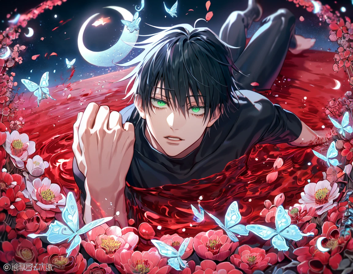 absurdres, highres, ultra detailed, HDR, master piece, extremely detailed, Fushiguro Touji, black straight hair, expressive green eyes, Jujutsu Kaisen, sexy man, handsome, best quality, crescent moon, red flowers, fantasy, magical, solo, red water, red shining fireflies, red petals, silver small butterflies, red dust, black tight shirt,