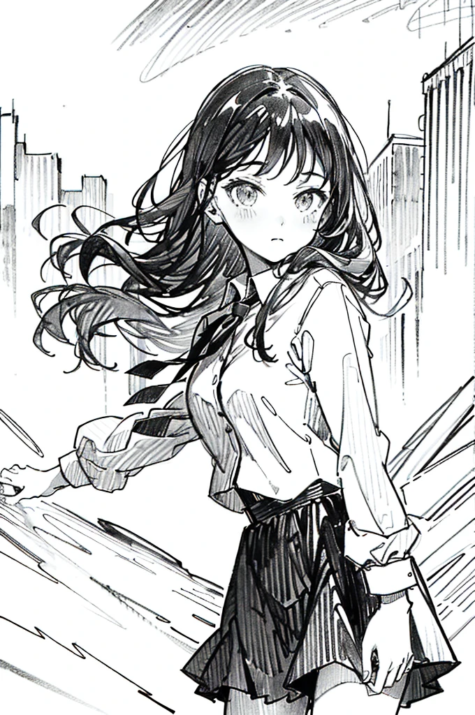 One Girl,Line art,Monochrome,sketch,Pencil drawing,Traditional Media,One Girl, 黒いskirtフェンス, Long Hair Shirt, Long sleeve, skirt, alone、Are standing、Cute age Girls, ,Beautiful portrait、Delicate body、Ezvian everywhere、Black Hair、Black Hair,landscape,Dynamic pose,