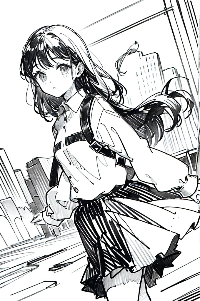 One Girl,Line art,Monochrome,sketch,Pencil drawing,Traditional Media,One Girl, 黒いskirtフェンス, Long Hair Shirt, Long sleeve, skirt, alone、Are standing、Cute Teenage Girls, ,Beautiful portrait、Delicate body、Ezvian everywhere、Black Hair、Black Hair,landscape,Dynamic pose,