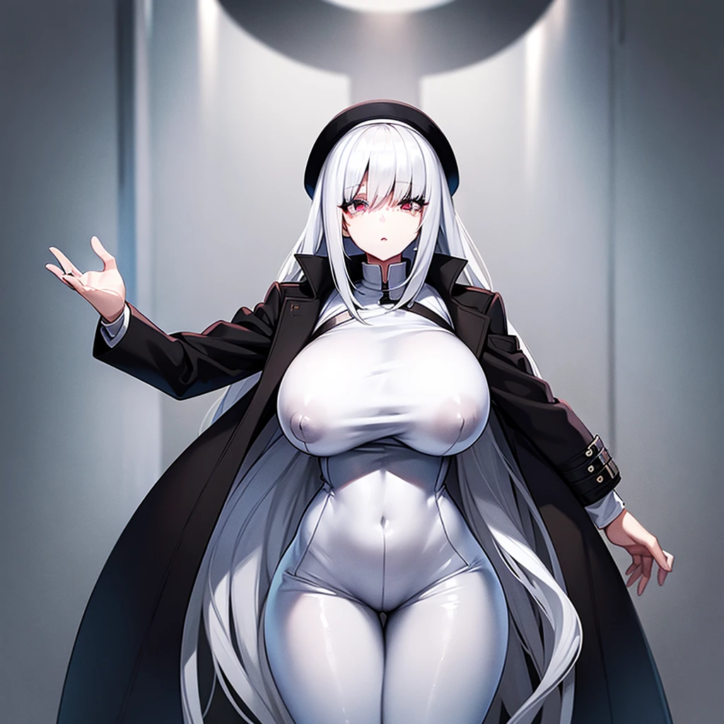 white hair, white skin wearing a black coat and white clothes underneath with black pants with some rips with big breasts sticking out showing nipples