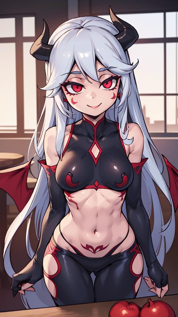 A lady with long gray hair, red eyes, wearing black nipple pasties, c-string pants, smile, devil, devil pattern, tattoo, devil horns, good figure, thin waist, Du Qiong, anime girl, belly button, no Regular nipple stickers, evil, seductive, eye-catching labia, pubic mound, camel toe, table, hands on the table, labia rub against the corner of the table,Stand at the corner of the table. Stand ,woman at the corner of the table, gentle,  blue eyes,Du Qiong, smile, gentle, covering one eye, light blue eyes, hairpin, halodon't have excessive composition problems , masterpiece, perfect composition, fine characterization, extreme details, coordination of light and shadow (correct proportion of facial features), (exquisitely carved face), epic work, 8K, (representative work), ( high quality), (super detailed) , ((illustration)), skirt, black stockings