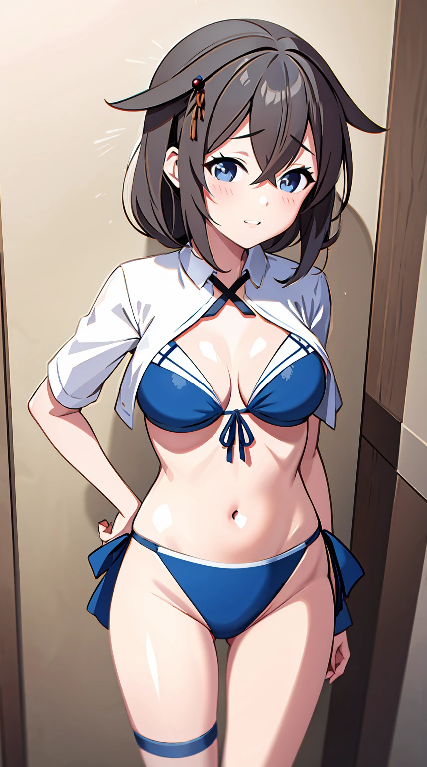 shigure, ahoge, brown hair, blue eyes, braid, hair ornament, hair over shoulder, long hair, single braid, hair flaps, (masterpiece, best quality:1.2), illustration, 8k, hd,1girl, solo, long hair, single braid, gym storeroom, Clenched fist、White panties、White gym clothes、Panty Peep, good, Wet, From below、Folded up gym clothes、Camel Toe、topless、Small breasts、Embarrassing、Transparent、Sweat