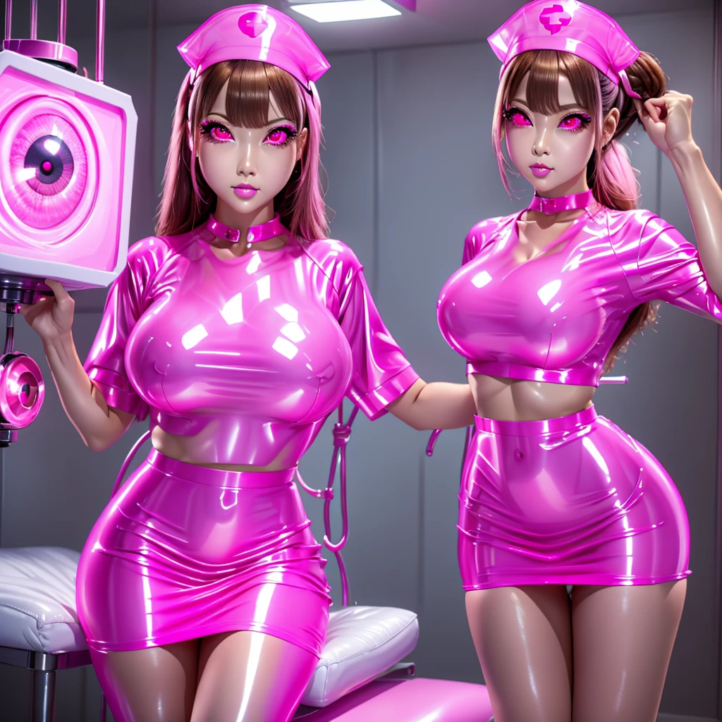 (Binbo Hypnosis \(theme\):1), Professional Details (full length) photograph (Latex Nurse Female) There are (ピンクの霧にbrainwashingされた), (Pink shiny translucent clothing:1.1), (Pink shiny oil-based latex fabric), (Slutty nurse uniform with pencil skirt and nurse cap:1), (Shining pink eyes:1.5), (brainwashing), (Mind control), (brainwashingの煙),Big Tits、satin