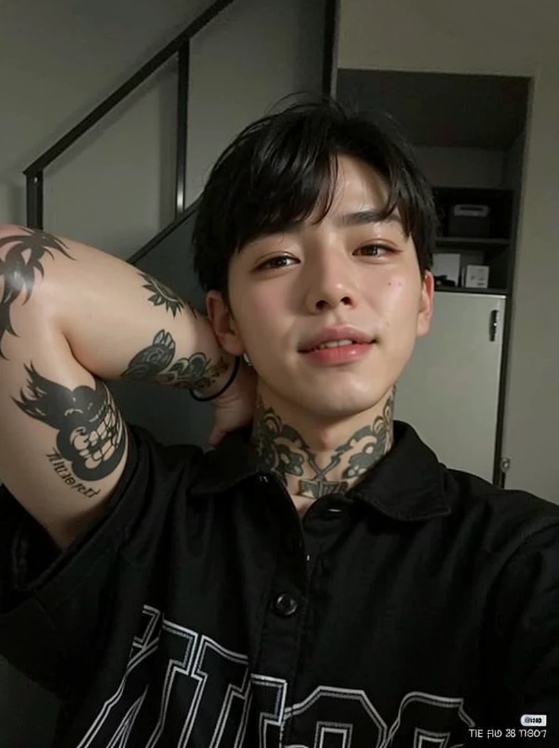 a close-up of a person wearing a leather jacket and smiling slightly, Jungkook, cai xukun, hyung tae, smiling right, Tae June Kim, glossy from rain, taken at the beginning of 2020, profile picture with headshot, south korean man, adorable and pale korean face, he is about 2 5 years old, korean artist, korean portrait, smiling rogue, poor lighting 