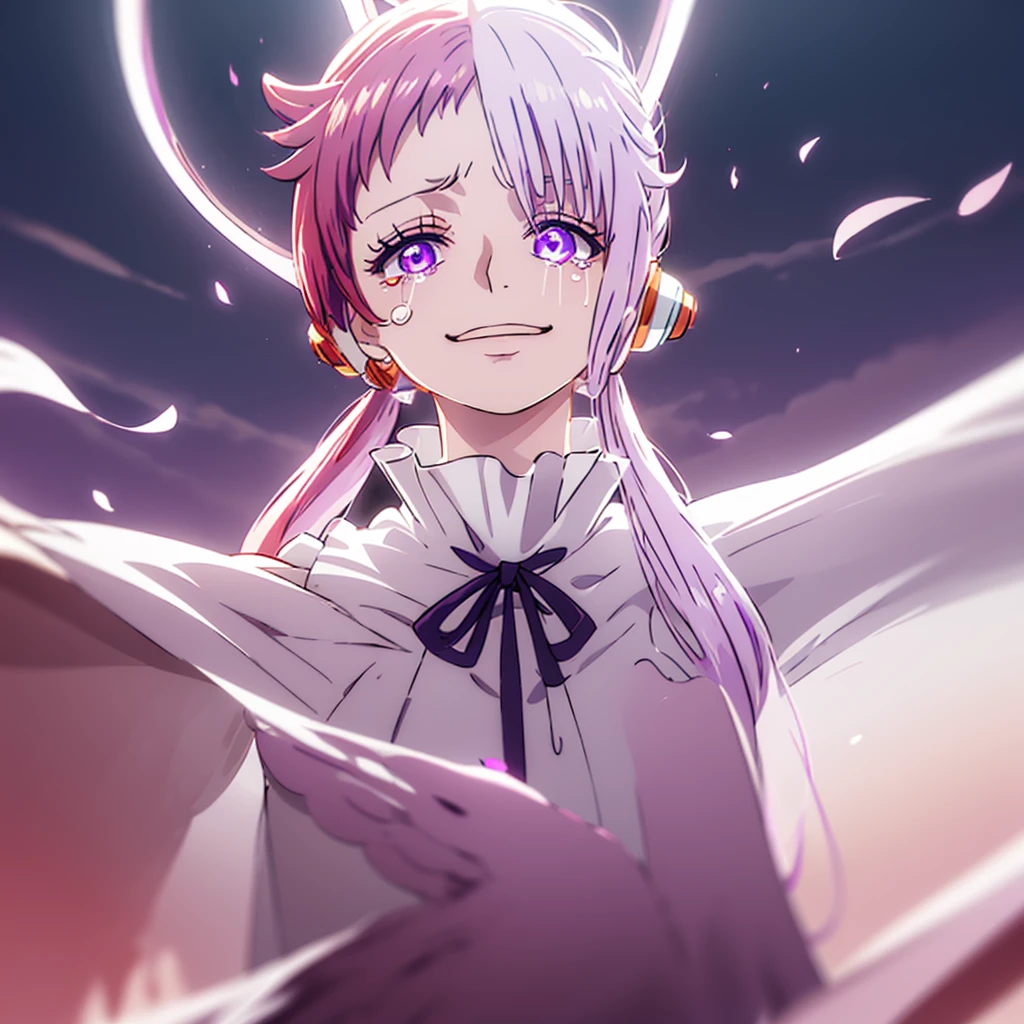 Red and white hair　pendant　Shiny earrings　Flowing hair　Bathed in light  Cry  
((Horror smileing and Tears))
 (Purple and dark Bule Light)
((Dark side Sad and Insanity faice ))
Shadow Aura  Dark Eyes　Confetti　Particles of light  (Eyes Shine Purple Red)
(((Big Fullmoon Behind Her)))
Catch the wind Light