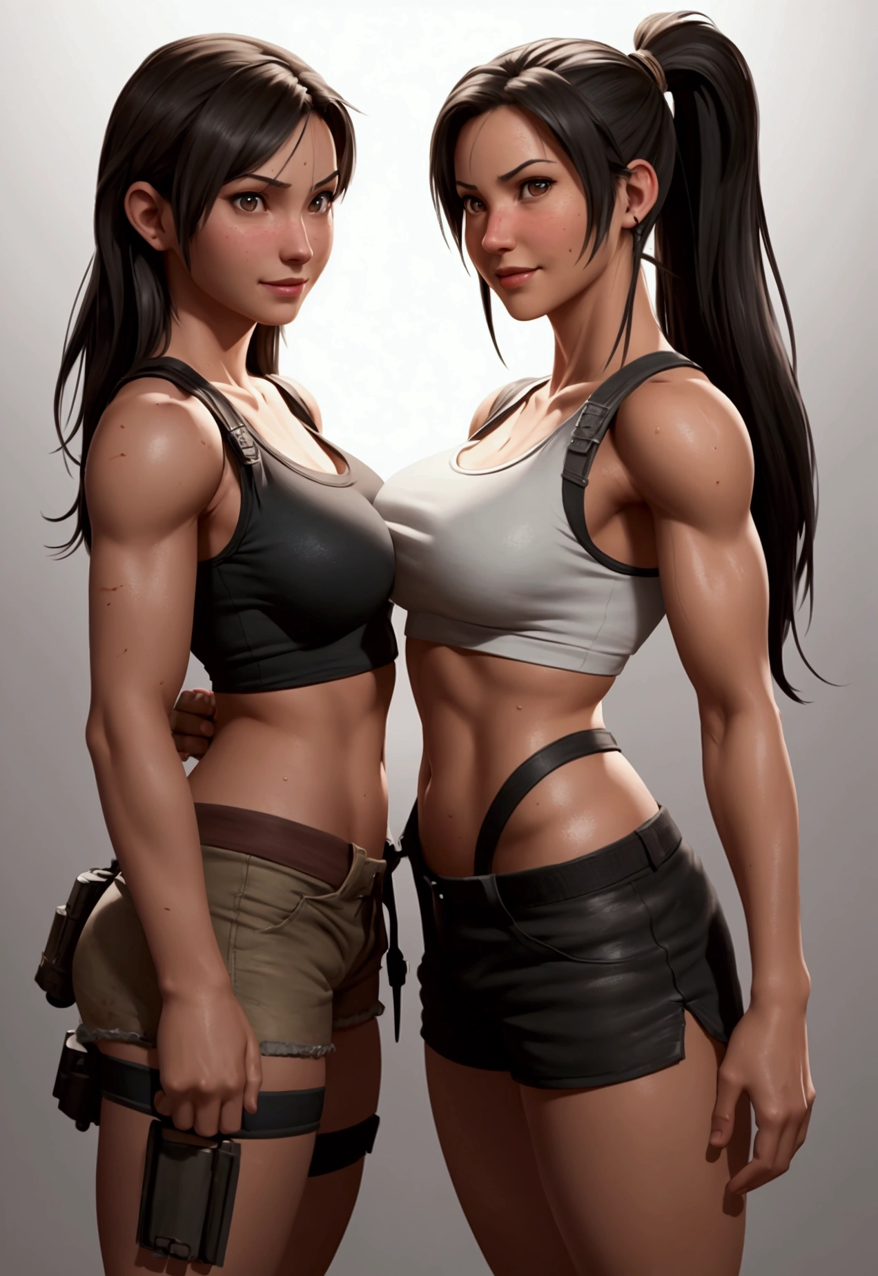 a woman in a tank top and shorts posing for a picture, a photorealistic painting by Ren Xiong, Artstation contest winner, digital art, muscular sweat lara croft, ultra realistic concept art, tifa lockhart, perfectly shaded body, tifa, lara croft, photorealistic concept art, ultrarealistic concept art, photorrealistic concept art, hyperrealistic concept art