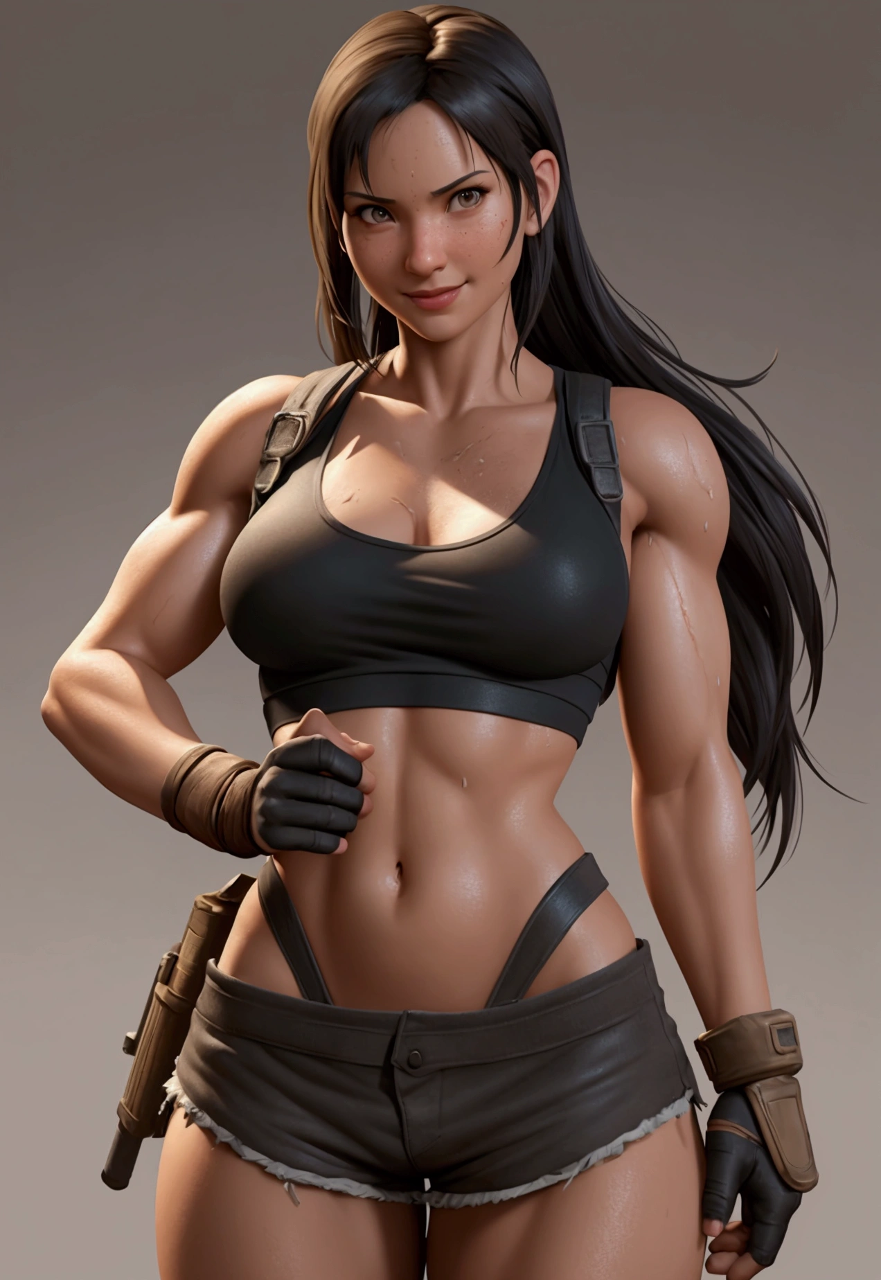 a smile woman in a tank top and shorts posing for a picture, a photorealistic painting by Ren Xiong, Artstation contest winner, digital art, muscular sweat lara croft, ultra realistic concept art, tifa lockhart, perfectly shaded body, tifa, lara croft, photorealistic concept art, ultrarealistic concept art, photorrealistic concept art, hyperrealistic concept art