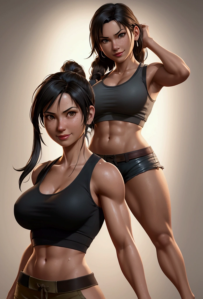 a smile woman in a tank top and shorts posing for a picture, a photorealistic painting by Ren Xiong, Artstation contest winner, digital art, muscular sweat lara croft, ultra realistic concept art, tifa lockhart, perfectly shaded body, tifa, lara croft, photorealistic concept art, ultrarealistic concept art, photorrealistic concept art, hyperrealistic concept art