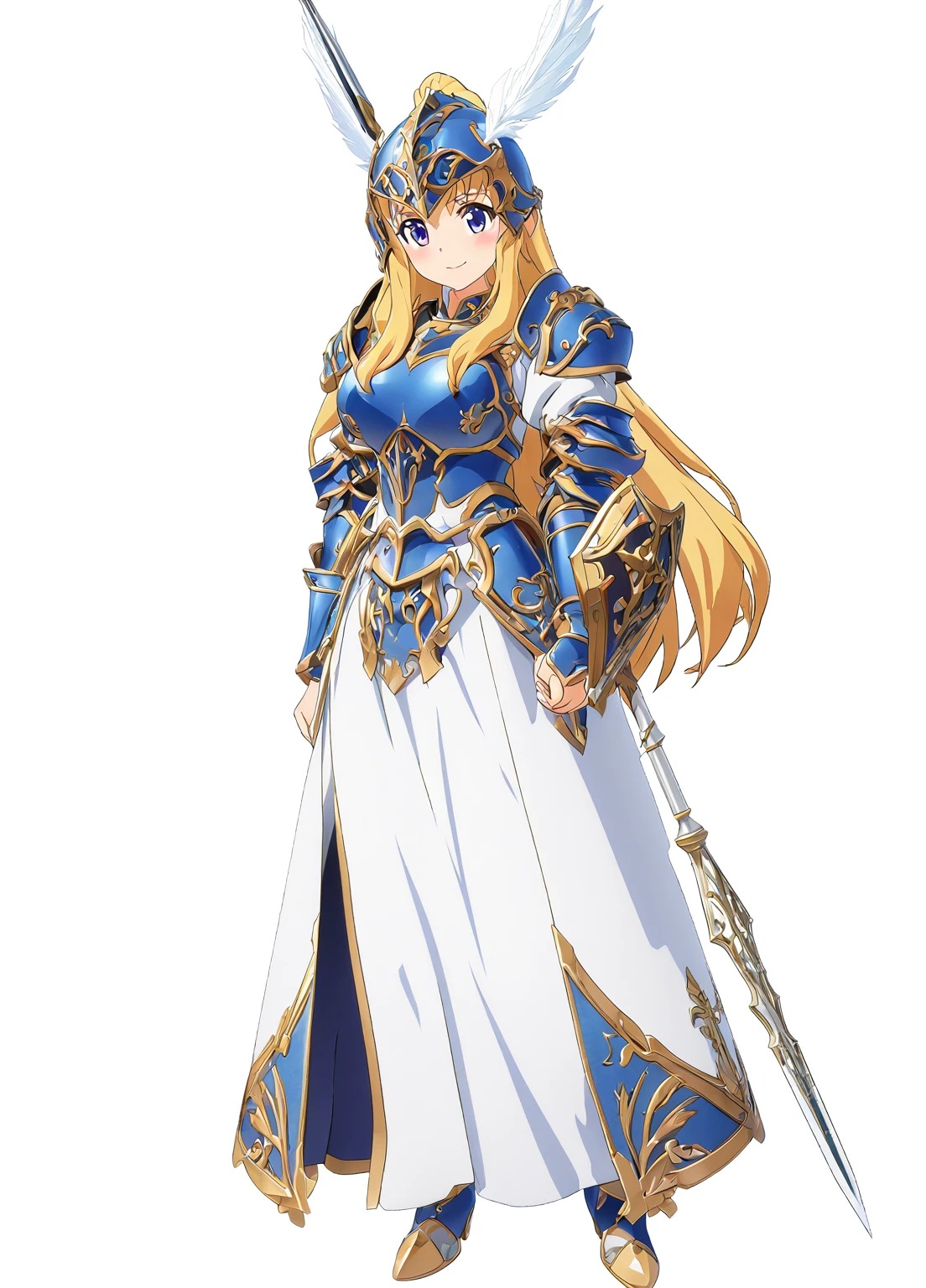 Highest quality, high resolution, High quality game art style, whole body,Valkyrie,Official Art, Smooth game CG art,Cute 3D anime girl render, Visual Novel Sprites, White background,Smooth game CG art, (((Woman with a long spear))),A woman wearing a white dress and blue armor, An intricately designed helmet with white feathers,Small shield, (((In his right hand he holds an elaborate long spear))),Exquisite Blue Armor,Golden Hair, long hair, female knight, Rin々Shii,Large Bust,17 years old,
