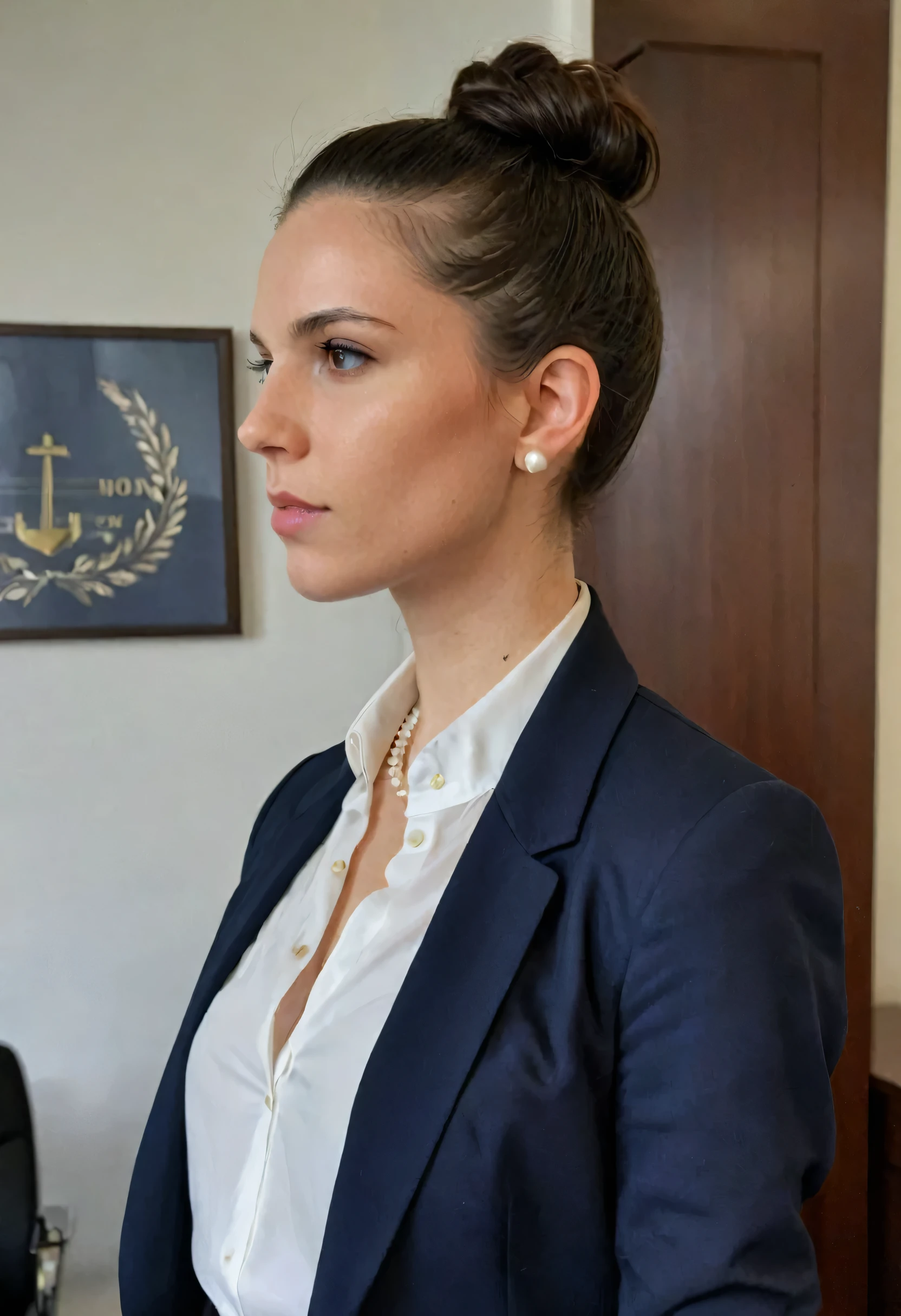 ((half body, professional)), Discreet Brazilian lawyer, ((dark hair in simple bun)), (28 years old), composed, masterpiece, qualidade excepcional, Ultra-detailed, alone, indoor, (((conservative law office))), (((modest professional attire))), ((navy blue blazer)), (((high-necked white blouse))), (small pearl stud earrings), (((hands not visible))),