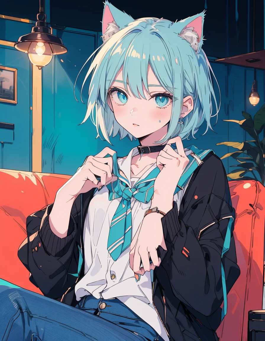 shirt, Denim points, whole body, ((masterpiece, Highest quality:1.5)), ((Beautiful and detailed cat aqua eyes:1.2)), Cat ear, Pale skin, Small breasts, Beautiful Hands, Beautiful fingers, Sitting on the couch、Bobcut、Easy Negative