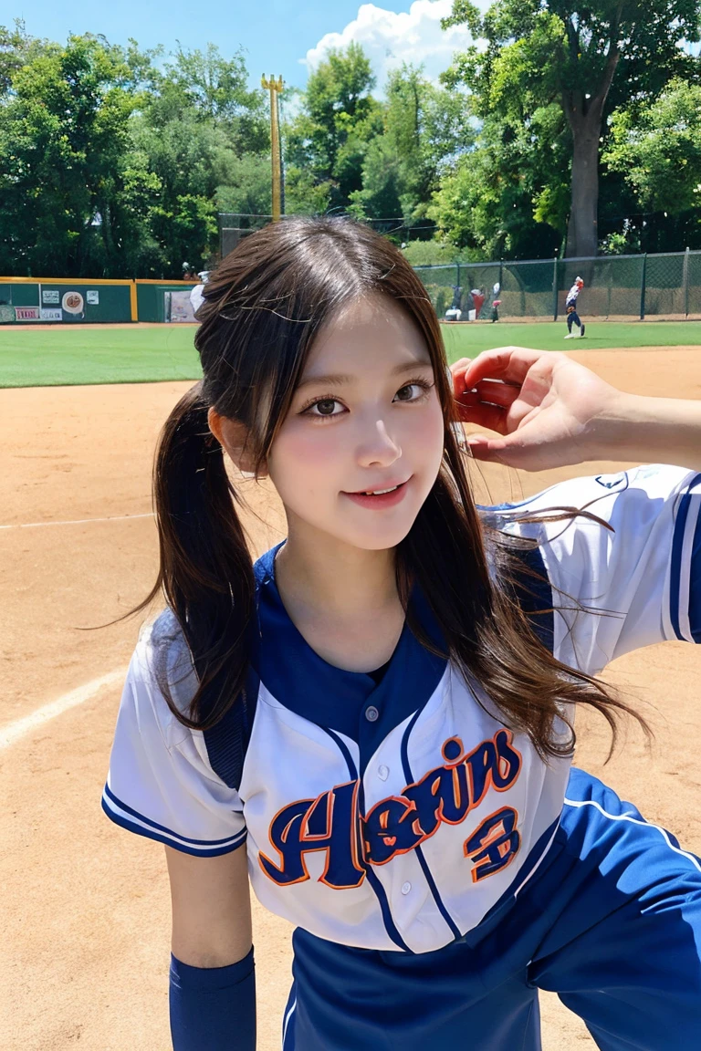 A girl wearing a baseball uniform playing catch, highly detailed, photorealistic, park setting, vibrant colors, dynamic action pose