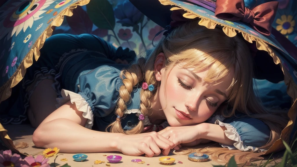 colorful closeup happy Mad Hatter Alice In Wonderland Oz laying down sleeping in dream fantasy celebration bliss galore, realistic, art By Josephine wall, Lisa Frank, Jean Baptiste Monge, Takashi Murakami, vivid and vibrant