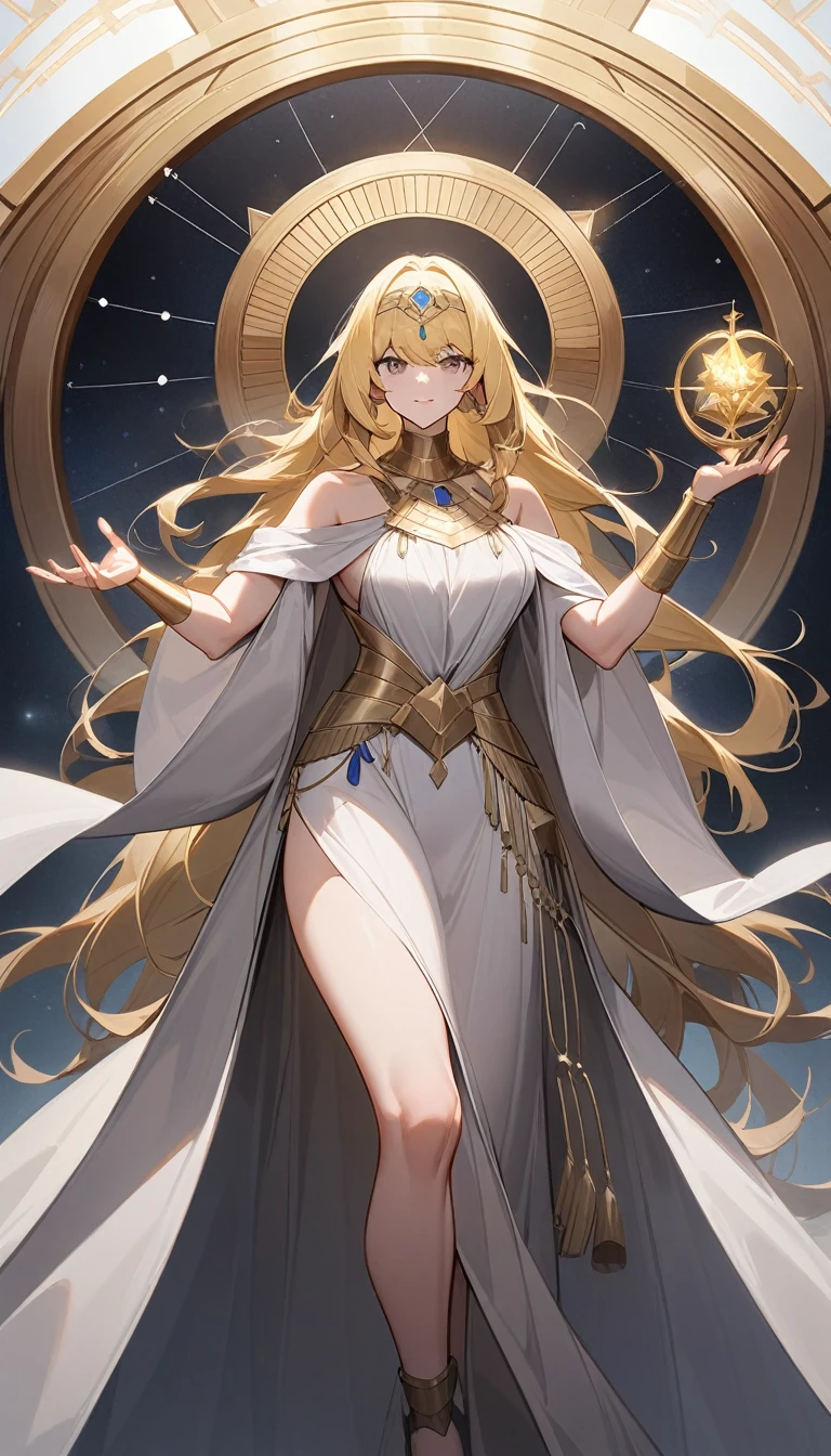 (Huang Li、high quality、Extremely detailed),Constellation - Libra goddess,Huge Libra,Woman holding a scale,Similar to Latin goodness,brave,capricious,Productivity,The face of enterprising and humanitarianism,Long yellow hair,Ancient Greek costumes、Wrap Dress,Conservative clothing,The background is the universe,Crystal black eyes(Eyes Details),Powerful appearance, Correct anatomy